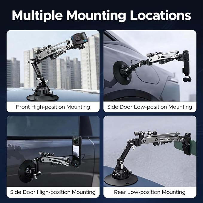 EMART Shock Absorber Arm Car Camera Mount for Action Camera, Featuring 6" Vacuum Car Suction Cup, Qick Release NATO Rail, Hydraulic Boom Arm Compatible with DJI Osmo Pocket 3, Insta360, GoPro, iPhone