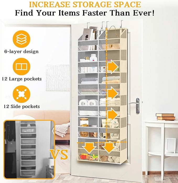Over The Door Organizer 6 Tiers, Extra Large Behind Door Storage of 12 Compartments, 80 lbs Weight Capacity Hanging Storage O
