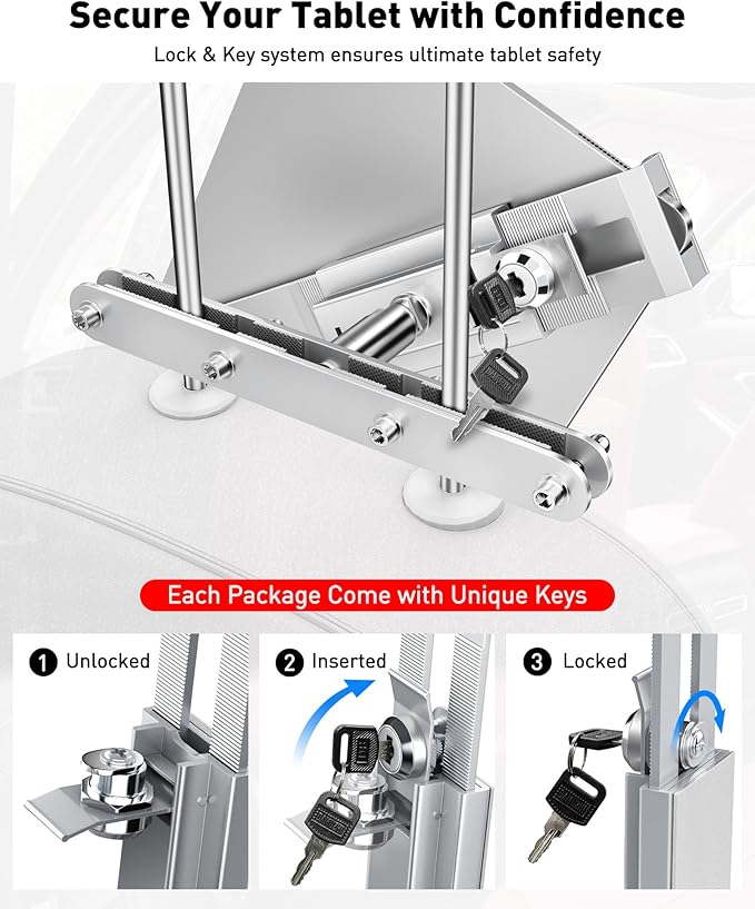 AboveTEK Tablet Holder for Car Headrest- Anti-Theft iPad Car Holder Back Seat, Secure Locking System with 360° Swivel, Universal for 4-11" Tablets, Durable Aluminum Mount for Travel & Business, Silver