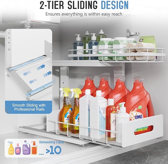 Under Sink Organizer Upgrade To Professional Rails,2-Tier Dual Pull Out Cabinet Storage,Height Adjustable Slide Out Drawers F