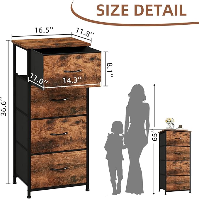 Somdot Dresser for Bedroom with 4 Drawers, Storage Organizer Chest of Drawers with Removable Fabric Bins for Closet Bedside L