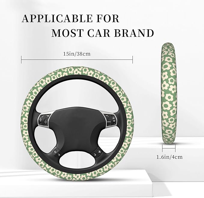 Vintage Groovy Flowers Steering Wheel Cover Cute Universal 15 Inch Car Accessories Protector for Women Fit Auto SUV Sedan Van