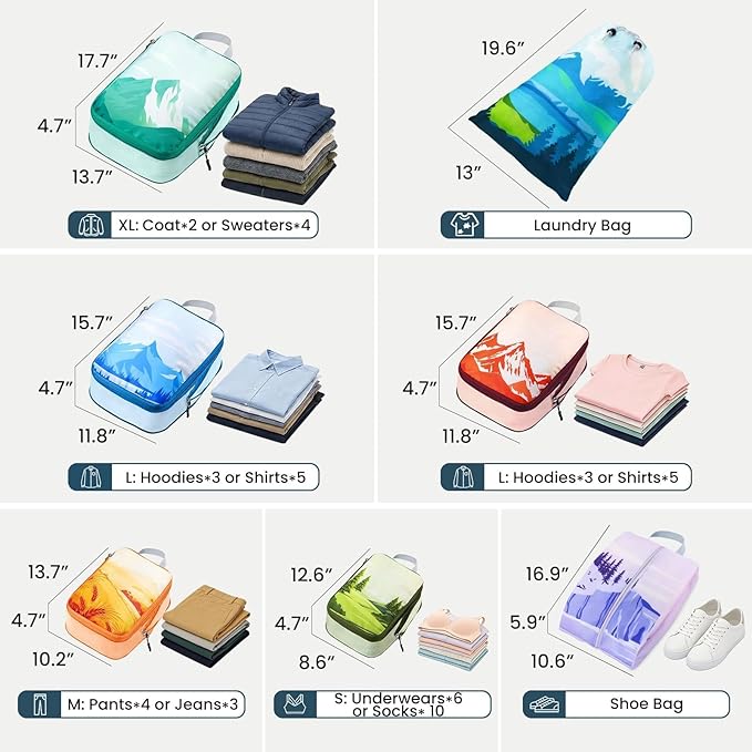 7 Set Compression Packing Cubes for Travel - Compressible/Expandable Luggage Organizer Bags Set, Double Zipper Packing Organi