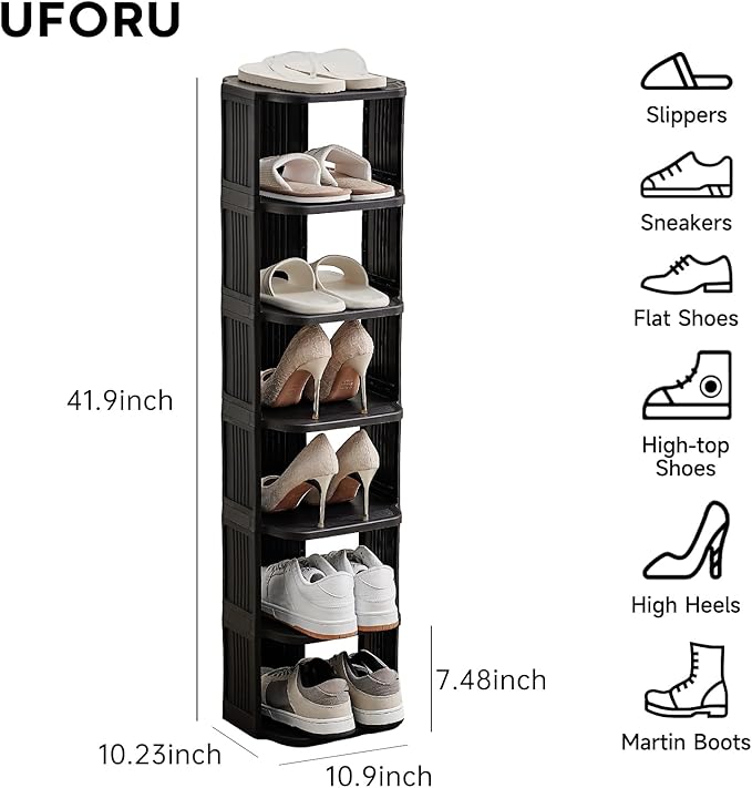 Small Shoe Rack, 7 Tier Plastic Vertical Shoe Rack for Small and Narrow Spaces, Free Standing Shoe Organizer for Closet, Entr