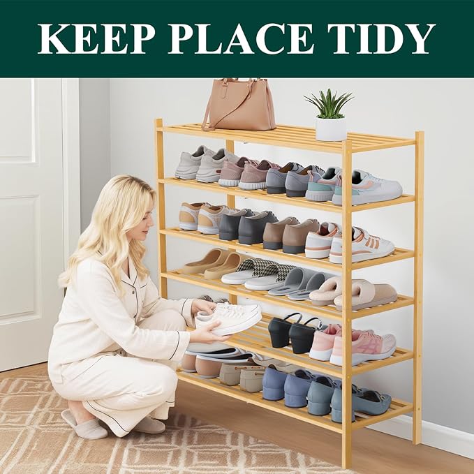 Smiry Long Bamboo Shoe Rack 6-Tier, Stackable Wooden Shoe Organizer for Entryway & Closet, Free Standing Wood Shoe Storage Sh