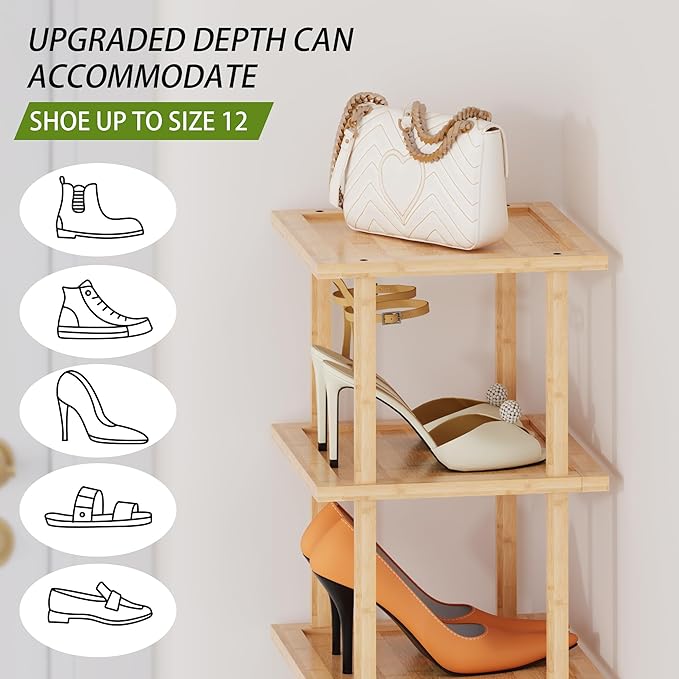 Vertical Tall Shoe Rack Organizer for Entryway -12 Tier Free Standing Slim Narrow Bamboo Wood Corner Stackable Shoe Boots Sto