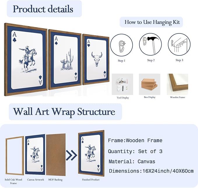 Western Wall Art Set of 3, Blue Cowboy Wall Decor Trendy Southwestern Playing Card Longhorn Bull Skull Poster Canvas Aestheti