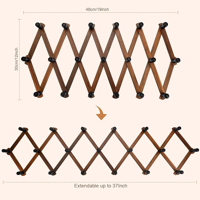 Accordion Wall Hanger, Wood Expandable Wall Mounted Hanger with 19 Hooks for Coats,Hats,Coffee Mug Ect,19Pegs, Walnut Color,R
