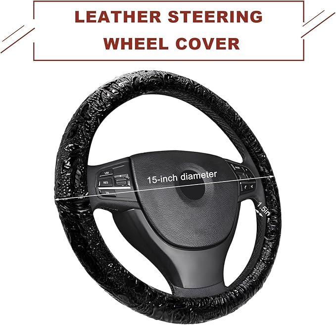Sun Walker Leather Car Steering Wheel Cover, 15" Anti-Slip Crocodile Pattern Wheel Protector with Rose Grain, Comfortable Gri