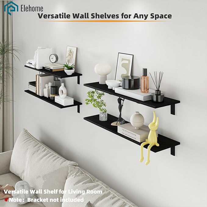 Floating Shelf Board for Wall 5/8" – No Brackets – 36" L x 10" W x 0.6" T Black Wood Melamine Wood Floating Shelves for Bathr