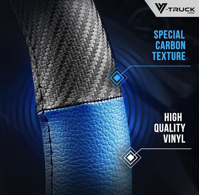 18-Inch Genuine Leather Steering Wheel Cover for Semi Trucks – Blue with Black Carbon Fiber Imitation, Heavy-Duty Non-Slip Grip, Universal Fit, Easy Installation