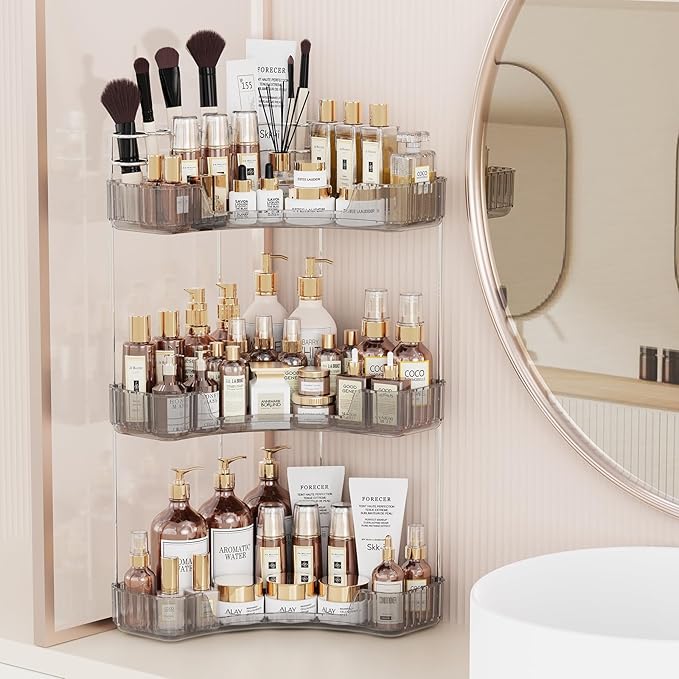 Asayuee 3-Tier Corner Bathroom Counter Organizer with Top Toothbrush Holders,Large Makeup Organizer Countertop with Brush Hol