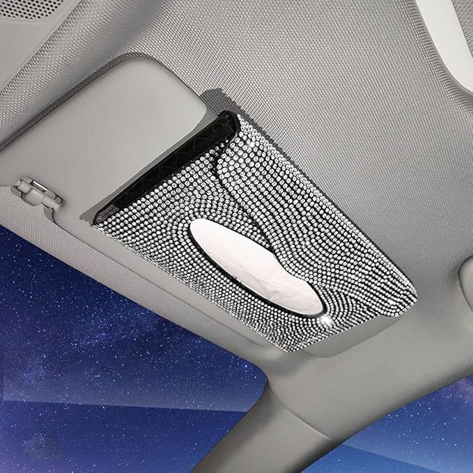 Bling Car Sun Visor Tissue Box Holder Pure Hand-Made Sparkling Crystal Auto Napkin Holder PU Leather Backseat Tissue Case for Women (Silver)