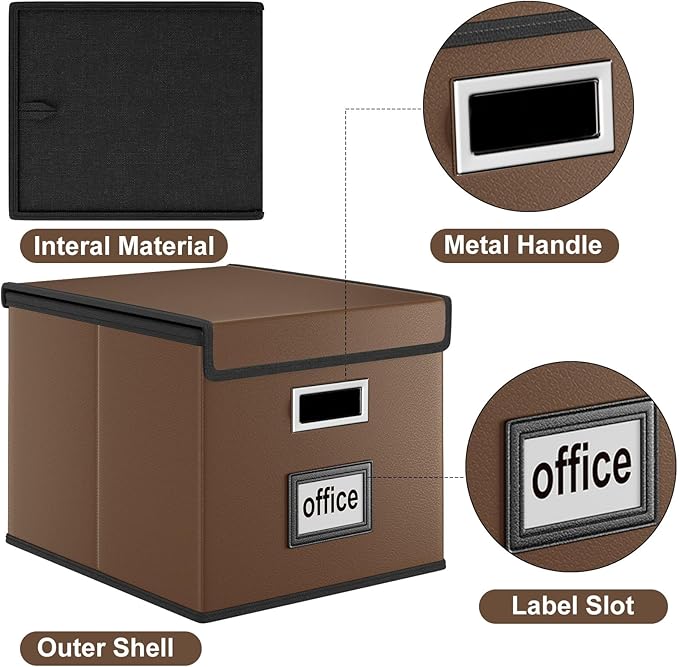 Huolewa File Organizer Boxes with Lids, Collapsible Faux Leather Hanging File Folder Box Organizer with Plastic Slide, Decora