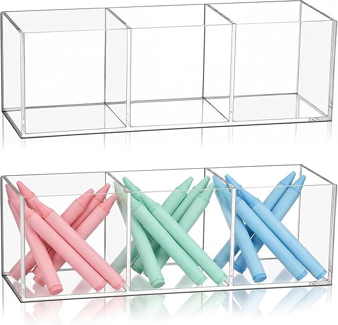 Epakh 2 Pieces Acrylic Cube Organizer 3 Compartments Clear Acrylic Pencil Holder Makeup Brush Drawer Organizer for Desk, Offi