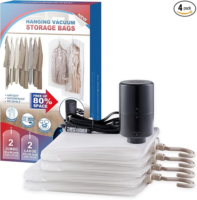 Hanging Vacuum Storage Bags, 4 Pack Hanging Storage Bags for Clothes With Electric Pump, Vacuum Sealed for Suits, Dress, Jack
