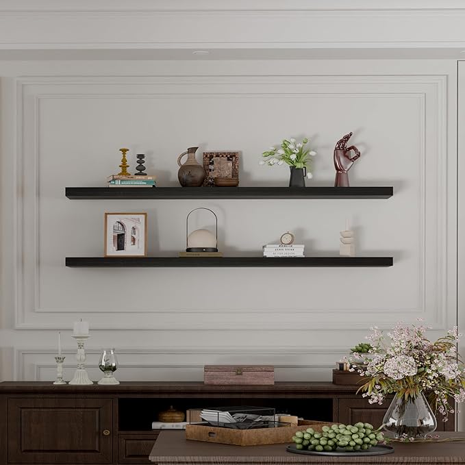 IEO Long Wooden Floating Shelves for Room Wall, Natural Wood Floating Shelves Wall Mounted Kitchen Shelf for Living Room, Bed