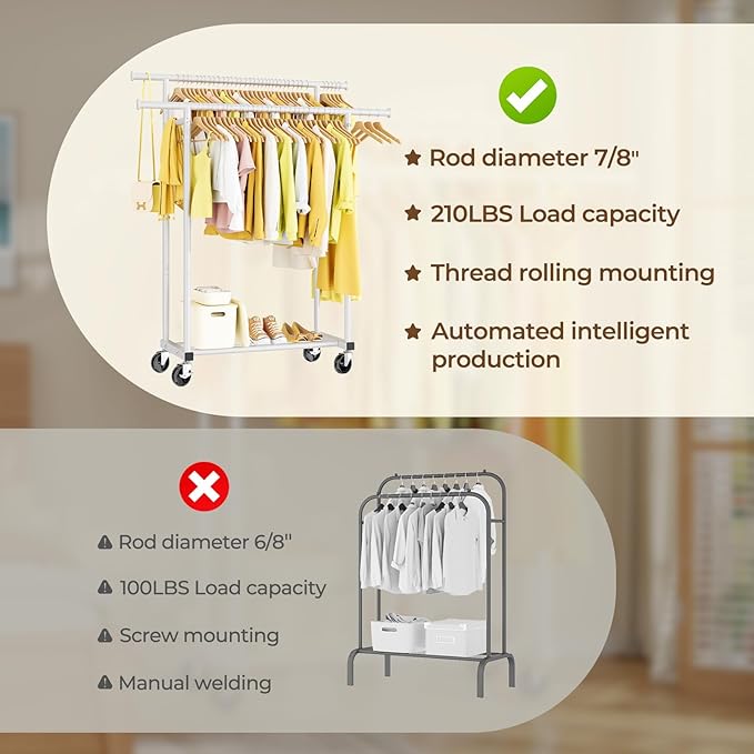 HYSEYY Double Rods Clothes Rack, Rolling Clothing Rack for Hanging Clothes Portable Wardrobe Rack, Metal Garment Rack Sturdy 