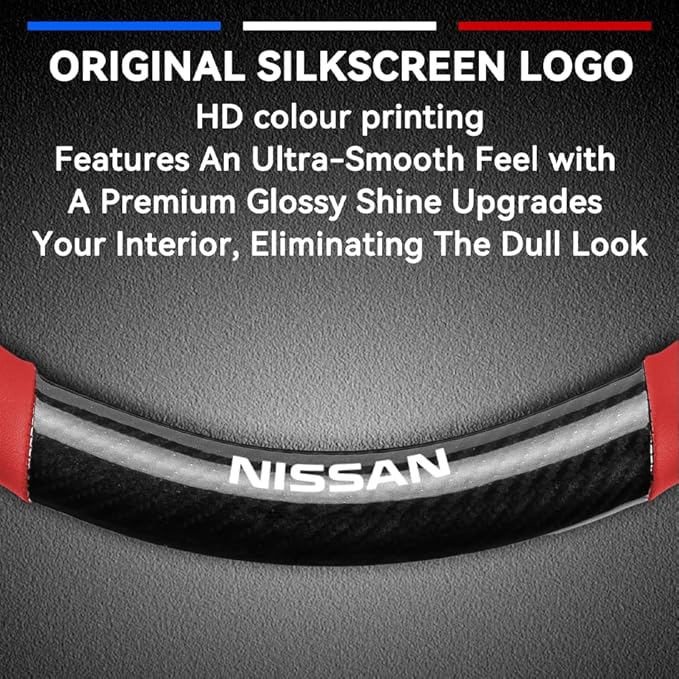 Customized Steering Wheel Cover Compatible with Nissan, Premium Nappa Leather&Bright Carbon Fiber Texture Steering Wheel Cover, with Coasters and 3-in-1 USB Fast Charging Cable (Red)