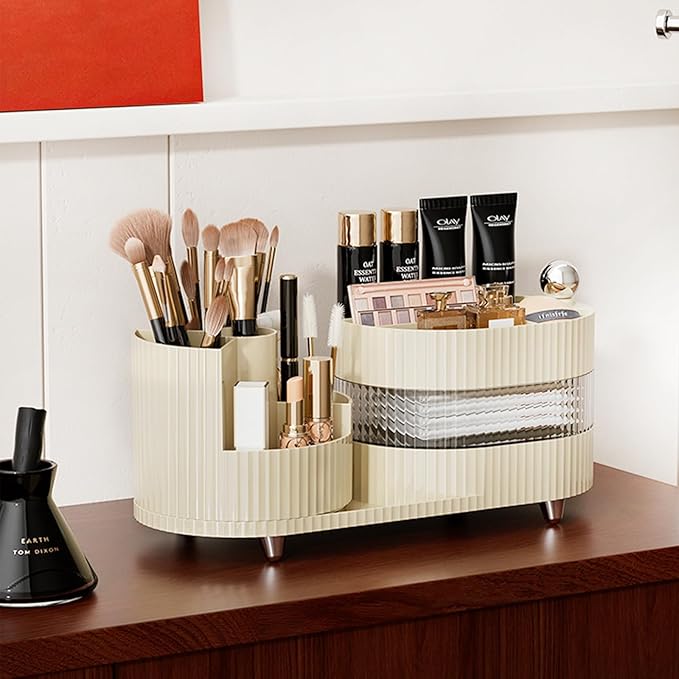 Ivory Rotating Vanity Organizer with Drawer & Brush Holder - 3 Layer Cosmetic Skincare & Perfume Storage - Countertop Makeup 