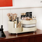 Ivory Rotating Vanity Organizer with Drawer & Brush Holder - 3 Layer Cosmetic Skincare & Perfume Storage - Countertop Makeup 