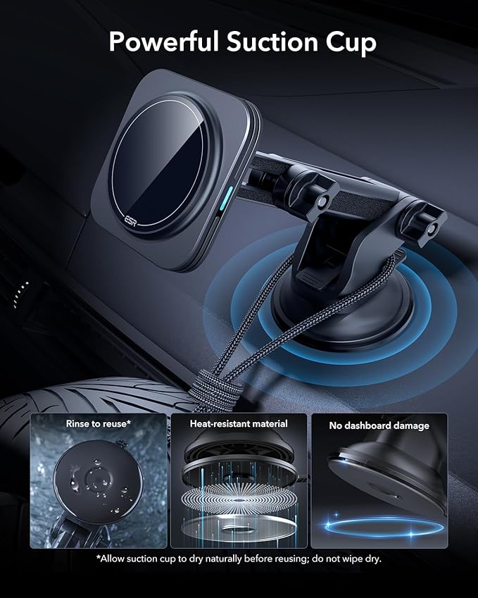 ESR for 15W MagSafe Car Mount Charger, for MagSafe Car Charger, Suction Cup Magnetic Wireless Car Charging, Dashboard Car Phone Mount for iPhone 17/16/15/14/13/12, S25, Pixel 10, Fast Charging