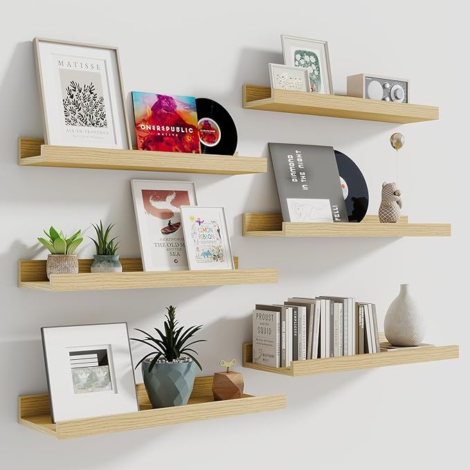 Fun Memories Picture Ledge Shelf, 16 Inch Long Floating Shelves Set of 6, Picture Shelf for Wall with Lip, Large Nursery Book