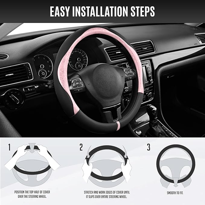 PIC AUTO Steering Wheel Cover, Pink Patterned & Black Leather Patchwork Design, Universal Fit 14.5"–15.5", Anti-Slip, Odor-Fr