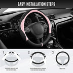 PIC AUTO Steering Wheel Cover, Pink Patterned & Black Leather Patchwork Design, Universal Fit 14.5"–15.5", Anti-Slip, Odor-Fr