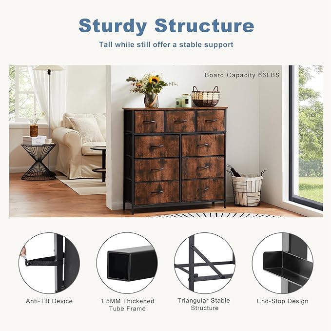 DUMOS Dresser for Bedroom, Storage Organizer with 9 Drawers, Chest of Drawers with Fabric Bins, Sturdy Metal Frame, Wood Tabl