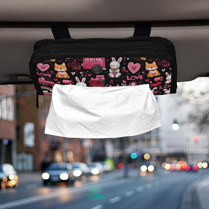 Car Tissue Holder Car Visor Organizer Tissue Box Holder for Car Sun Visor Organizer with Car Vehicle Accessories Essentials Interior for Women Men Valentines Fox Bunny Cars Black