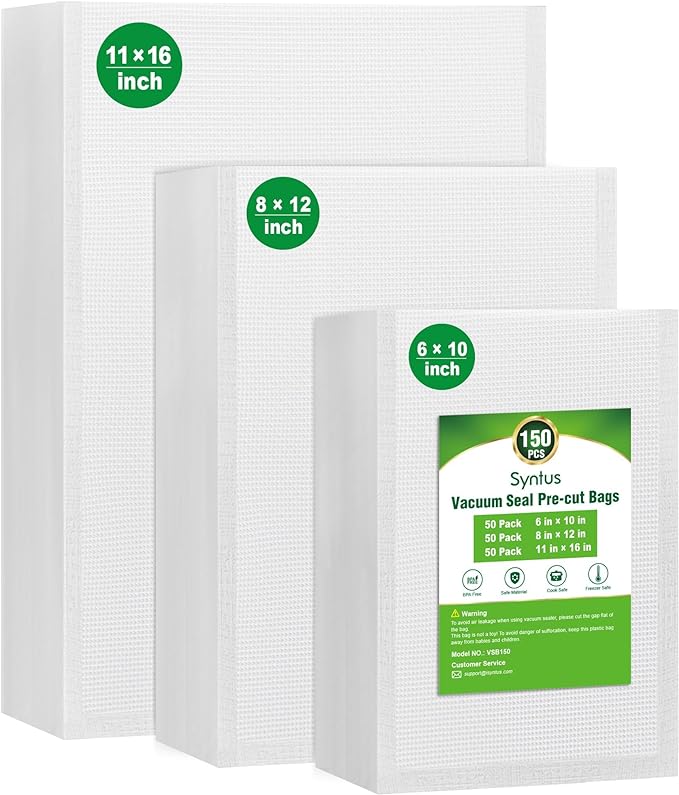 Syntus Vacuum Sealer Bags, 150 Gallon 11" x 16" and Quart 8" x 12" and Pint 6" x 10" Commercial Grade PreCut Bag, BPA Free Fo