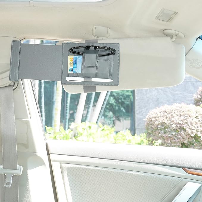 TFY Car Sun Visor Extender and Organizer, Universal Sunshade Anti-Glare, Vehicle Storage Holder for Sunglasses, Pens and Cards, Multi-Pocket Auto Interior Accessories - 1 Piece (Gray)