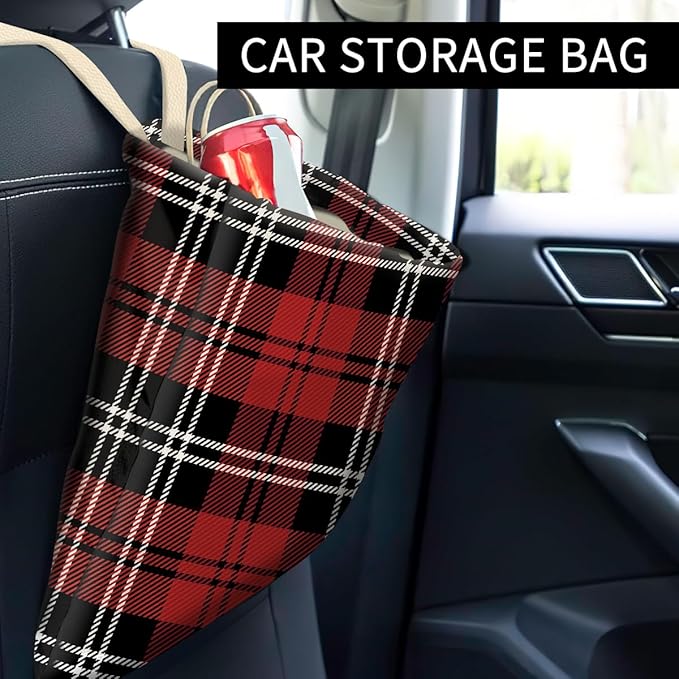 Car Trash Can, Hanging Car Organizer and Storage Bag, Trash Bin for Vehicle, Travelling, Camping Black and Red Checkerboard