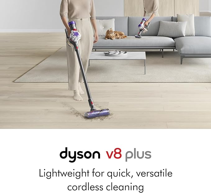 Dyson V8 Plus Cordless Vacuum, Cleans Hard Floors and Carpets, Detangles, Converts to Handheld, 115AW, 2 Power Modes, Up to 4