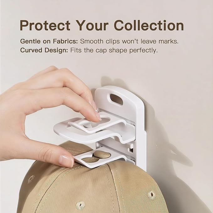 Hat Organizer for Wall, 2 Pack Adhesive Hat Rack for Baseball Caps, No Drilling or Wall Mount Cap Holder with Hooks, Over the
