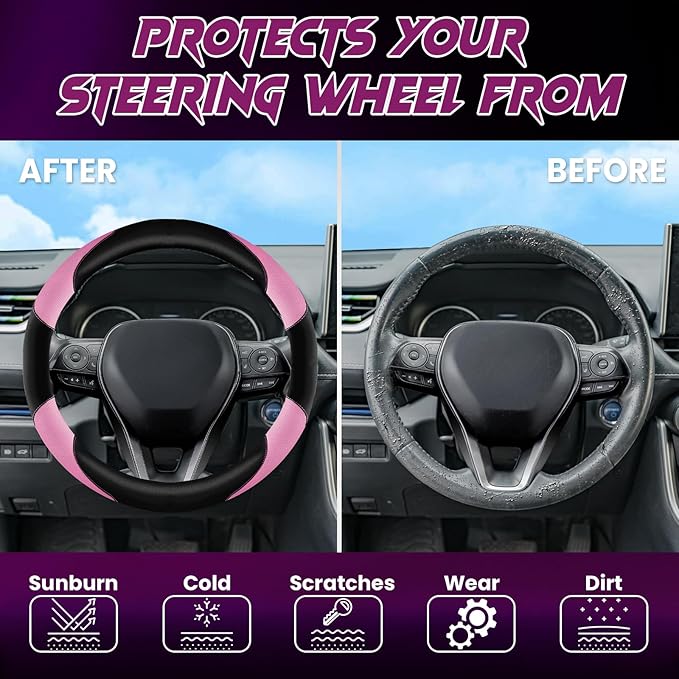 Soft Leather Steering Wheel Cover with Breathable Design and Anti-Slip Grip, Fully Compatible with Tesla, Toyota, Honda, Niss