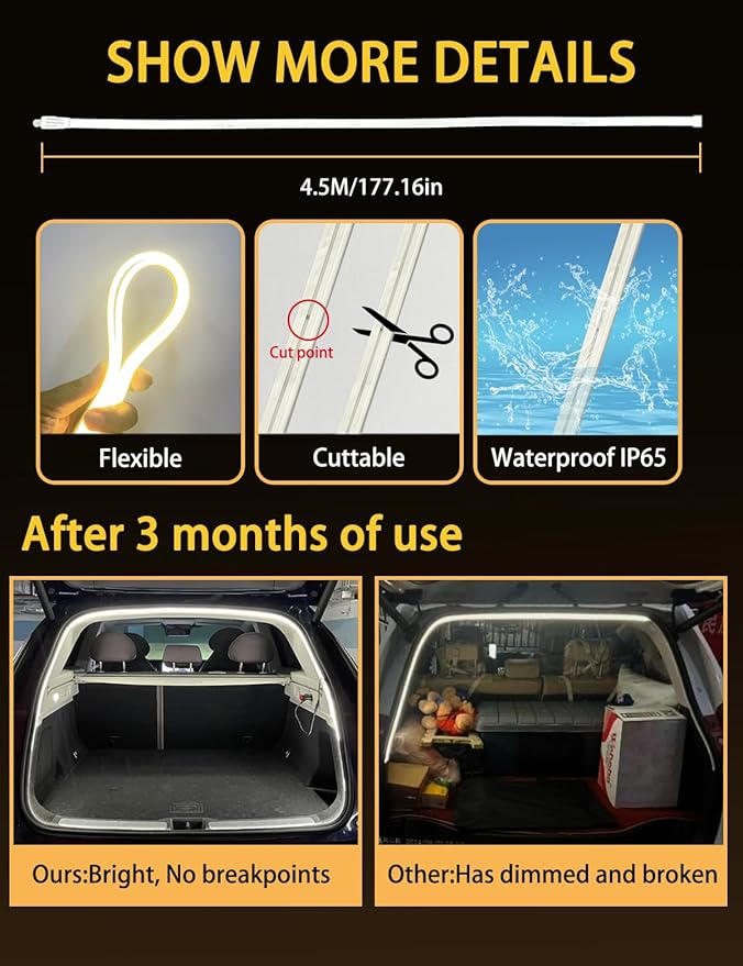 Trunk Dynamic Flowing LED Light Strip for CAR or SUV (Universal Fit), 177Inch Silicone Waterproof Neon Light Strip Embedded, Flexible Cutting 12V Auto Interior Lights Strip (Waem Light 177inch)