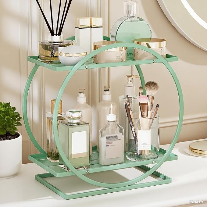 Green Perfume Organizer for Dresser, 2-Tier Bathroom Counter Organizers, Elegant Round Makeup Organizer for Vanity, Versatile