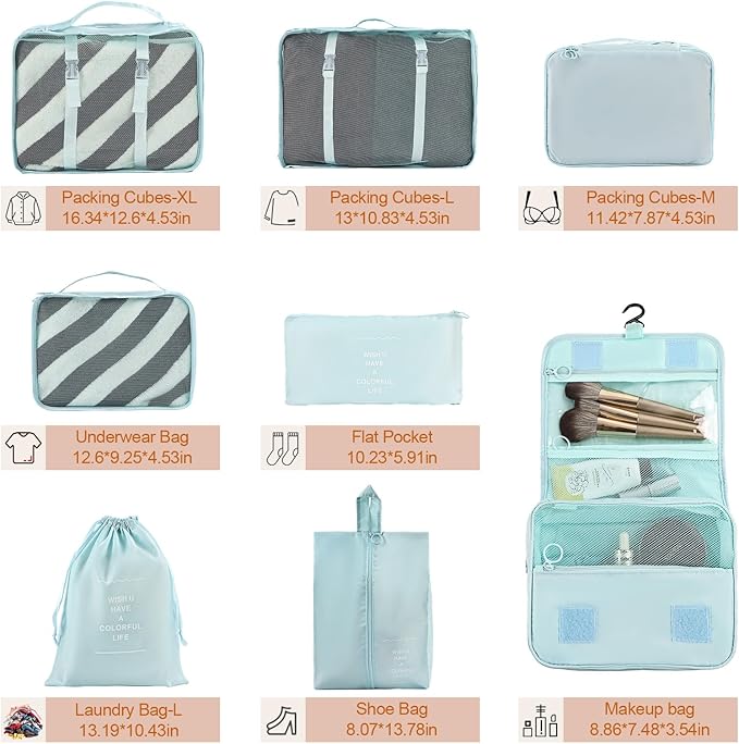 8 Set Compression Packing Cubes for Travel Essentials,Suitcase Organizer Bags, Carry-On Luggage Accessories with Laundry & To