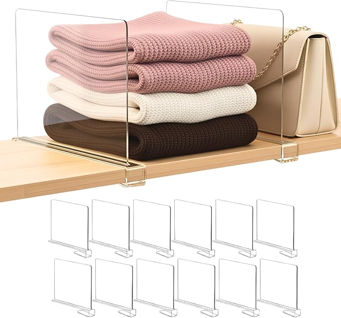 SortNStore Shelf Dividers Purse Organizer for Closet: 12-Pack Acrylic Bag Storage Organizer for Handbags, Clutches, Clothes, 