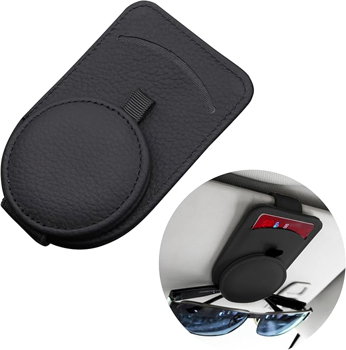 Sunglasses Holder for Car, Genuine Leather, Magnetic Closure, Card Pocket, Universal Fit for All Glasses, Black, Sun Visor Organizer