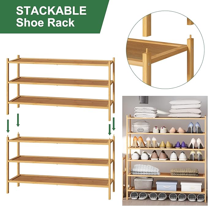 kiplant Long Shoe Rack, Bamboo Wood 3-Tier Shoe Rack for Entryway, Stackable | Foldable | Natural, Shoe Organizer for Hallway