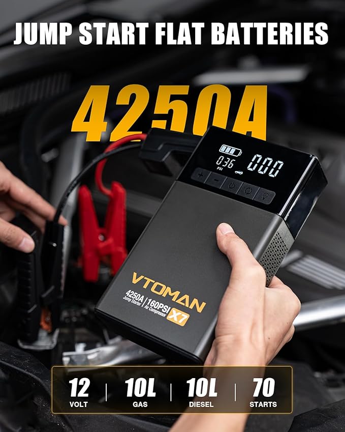 VTOMAN X7 Jump Starter with Air Compressor, 4250A&160PSI Pickup Trucks & Suvs Battery Car Jumper Starter Portable(10L