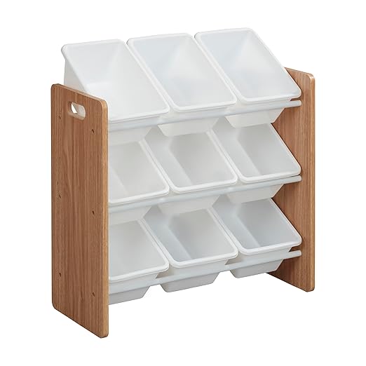 ECR4Kids 3-Tier Organizer with 9 Removable Plastic Bins, 3x3, Toy Storage, Dark Natural/White