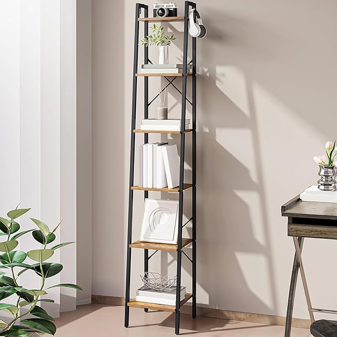Hzuaneri Ladder Shelf, Bookshelf Bookcase, Freestanding Corner Storage Shelve with 2 Hooks for Home Office, Living Room, Kitc