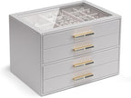 Vlando 4 Layer Jewelry Box for Women, Glass Lid Jewelry Organizer with 4 Drawers for Necklaces Rings Earrings Bracelets - Gre