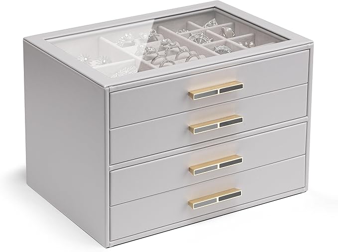 Vlando 4 Layer Jewelry Box for Women, Glass Lid Jewelry Organizer with 4 Drawers for Necklaces Rings Earrings Bracelets - Gre