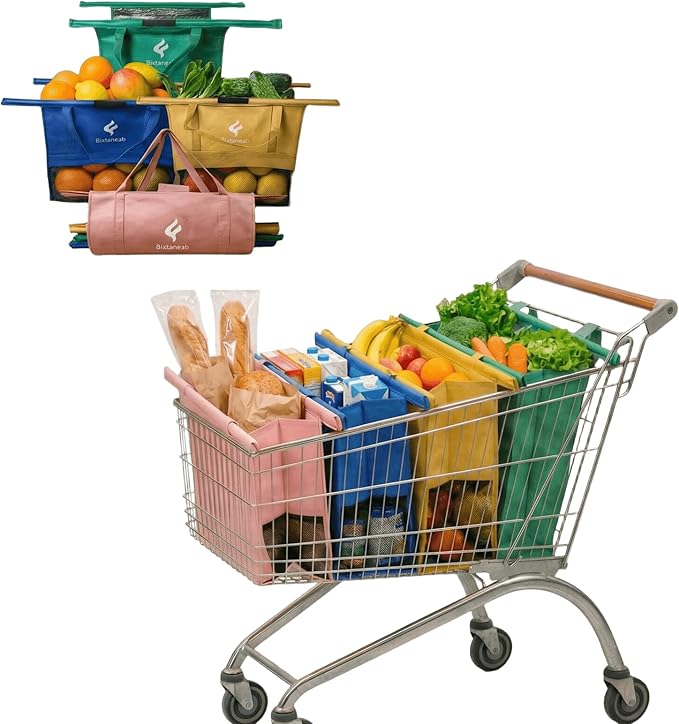Shopping Cart Bags for Groceries, 4-Pack Collapsible Reusable Grocery Cart Bags with Sturdy Carry Handles + 1 Insulated Bag, 
