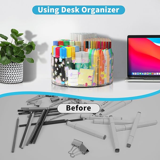 Acrylic Pen Holder with 2 Adhesive DIY Stickers, Desk Organizer Marker Holder with Cute Sticker, 360 Degree Office Supply Org